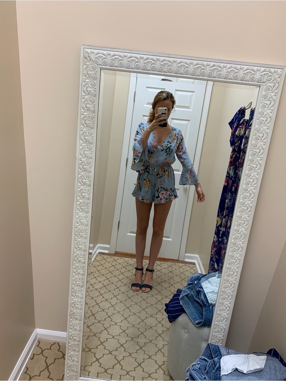 She + Sky Light Blue Floral Wrap Romper